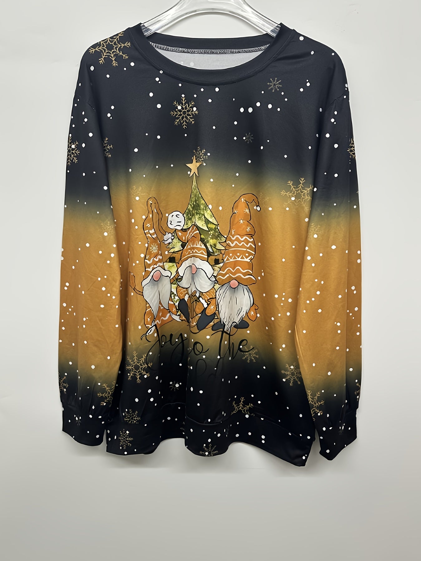 Christmas Top, Women's Christmas Dwarf & Slogan Print Ombre Long Sleeve Round Neck Slight Stretch Top
