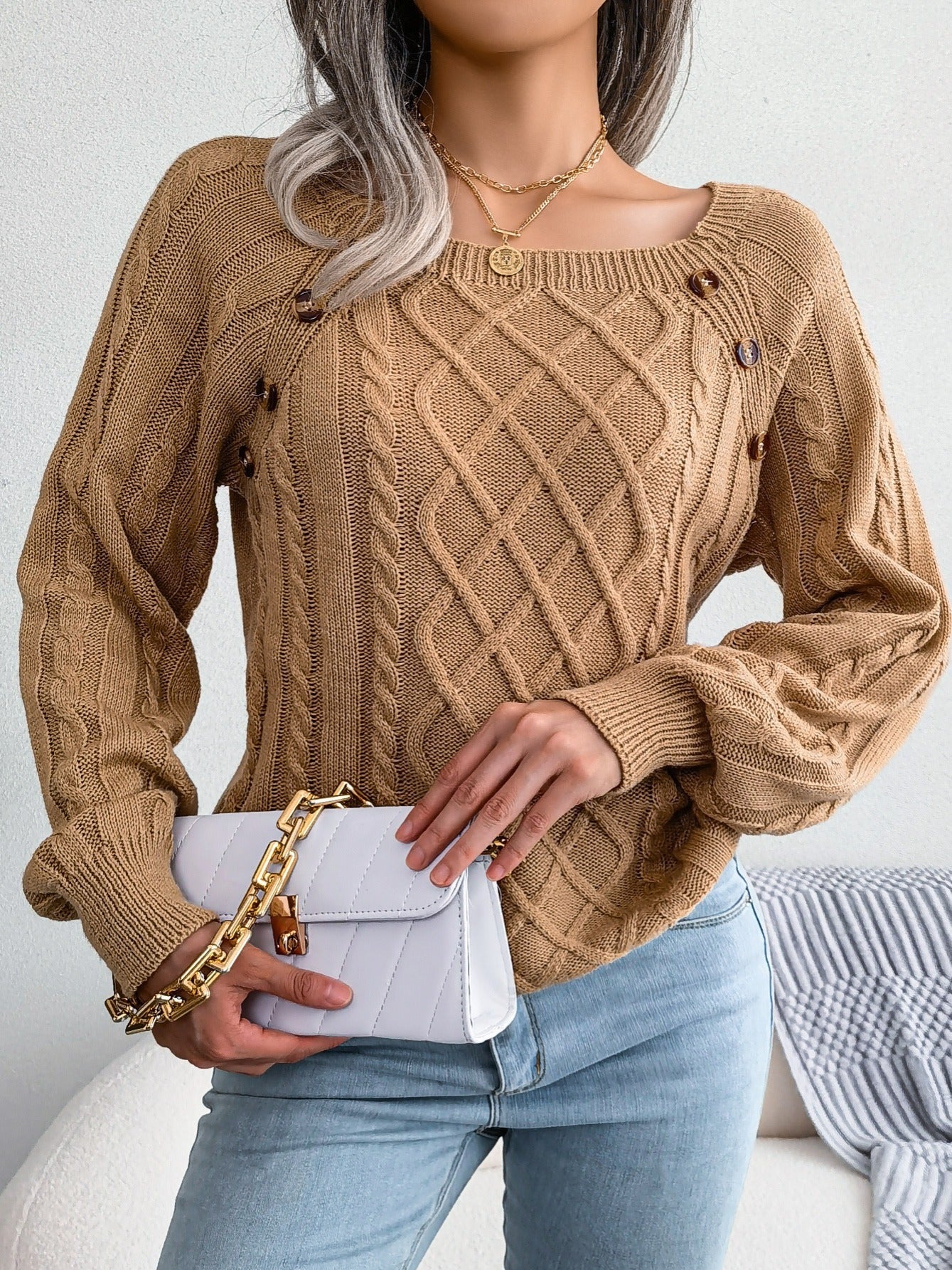 Cozy Women's Sweater with Textured Button Lantern Sleeves