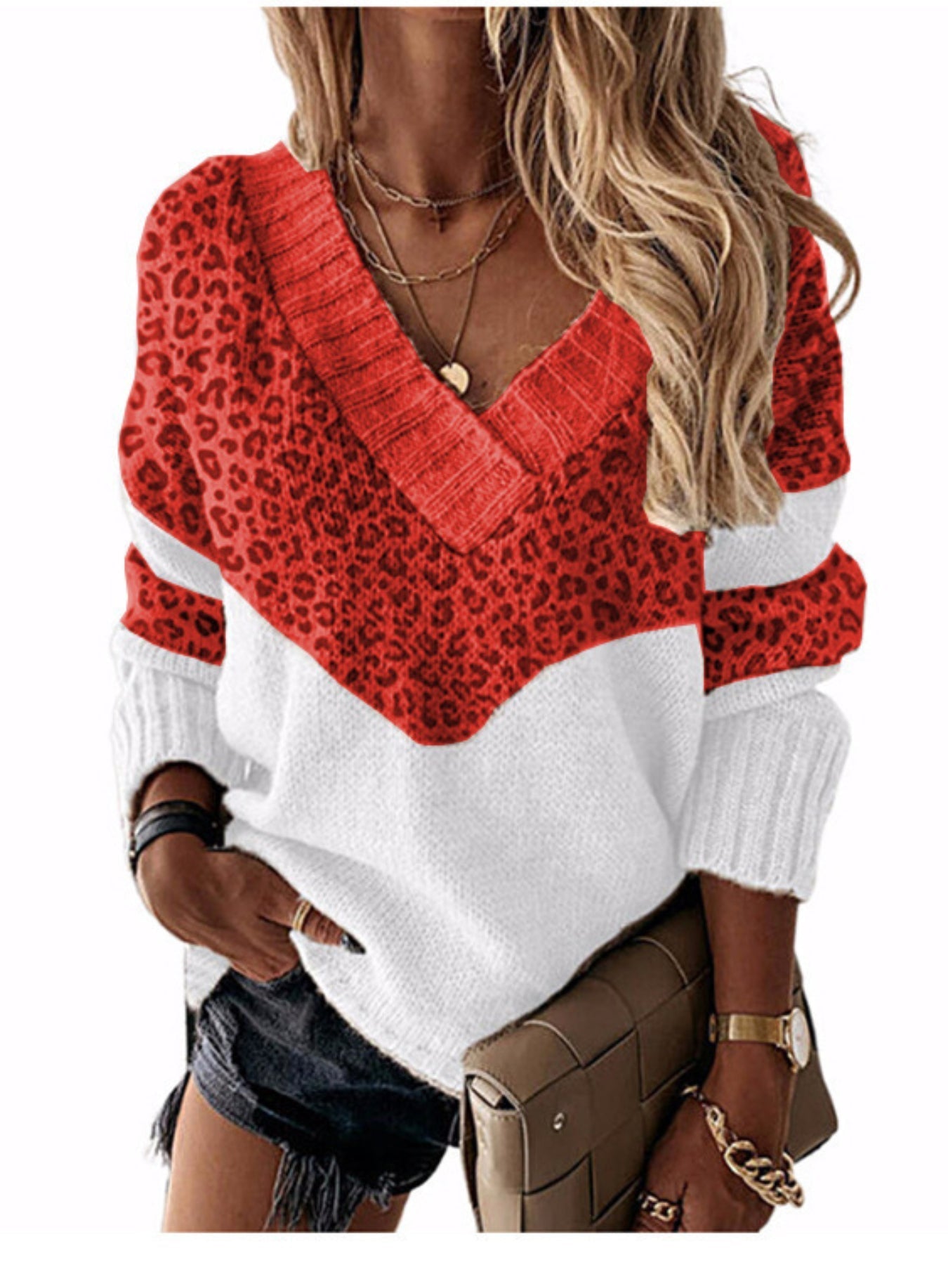 Color Block Simple Knit Sweater, Casual V Neck Long Sleeve Sweater