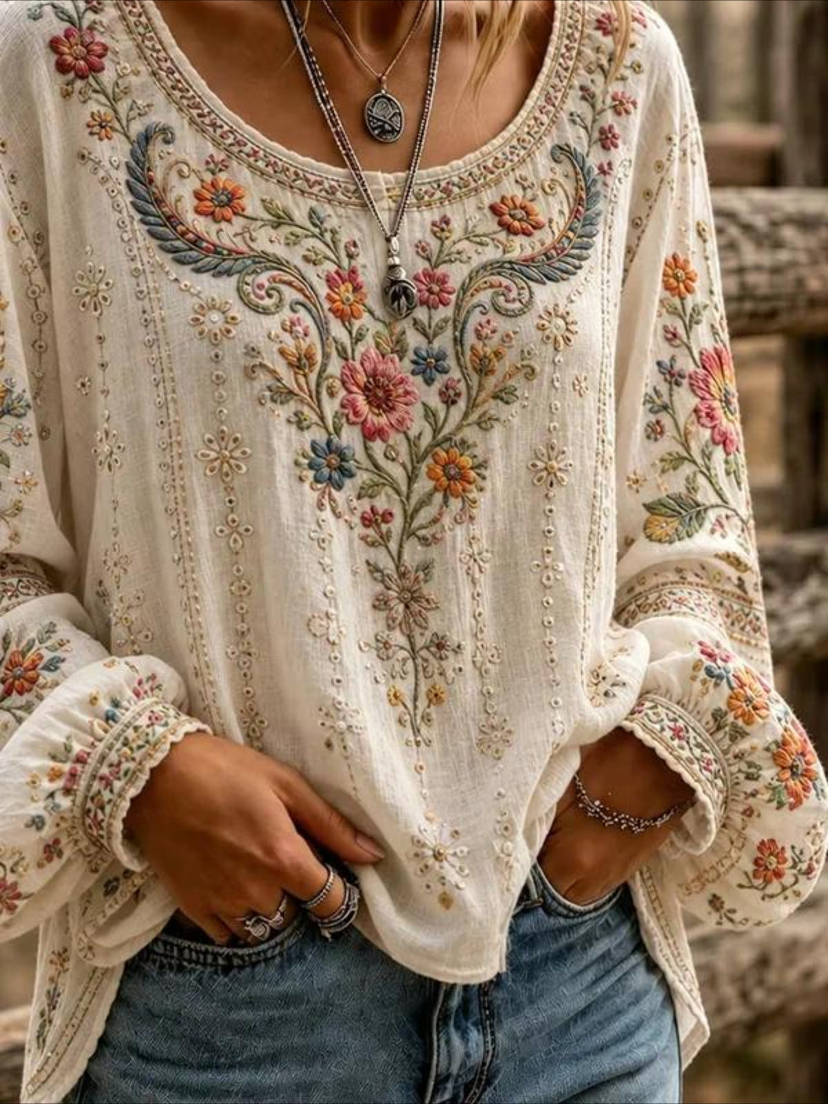 Floral Crew Neck Long Sleeve Blouse