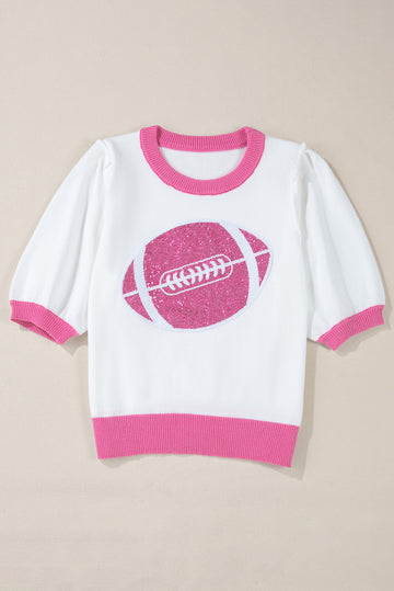 Pink Sequin Rugby Color Block Puff Short Sleeve Sweater