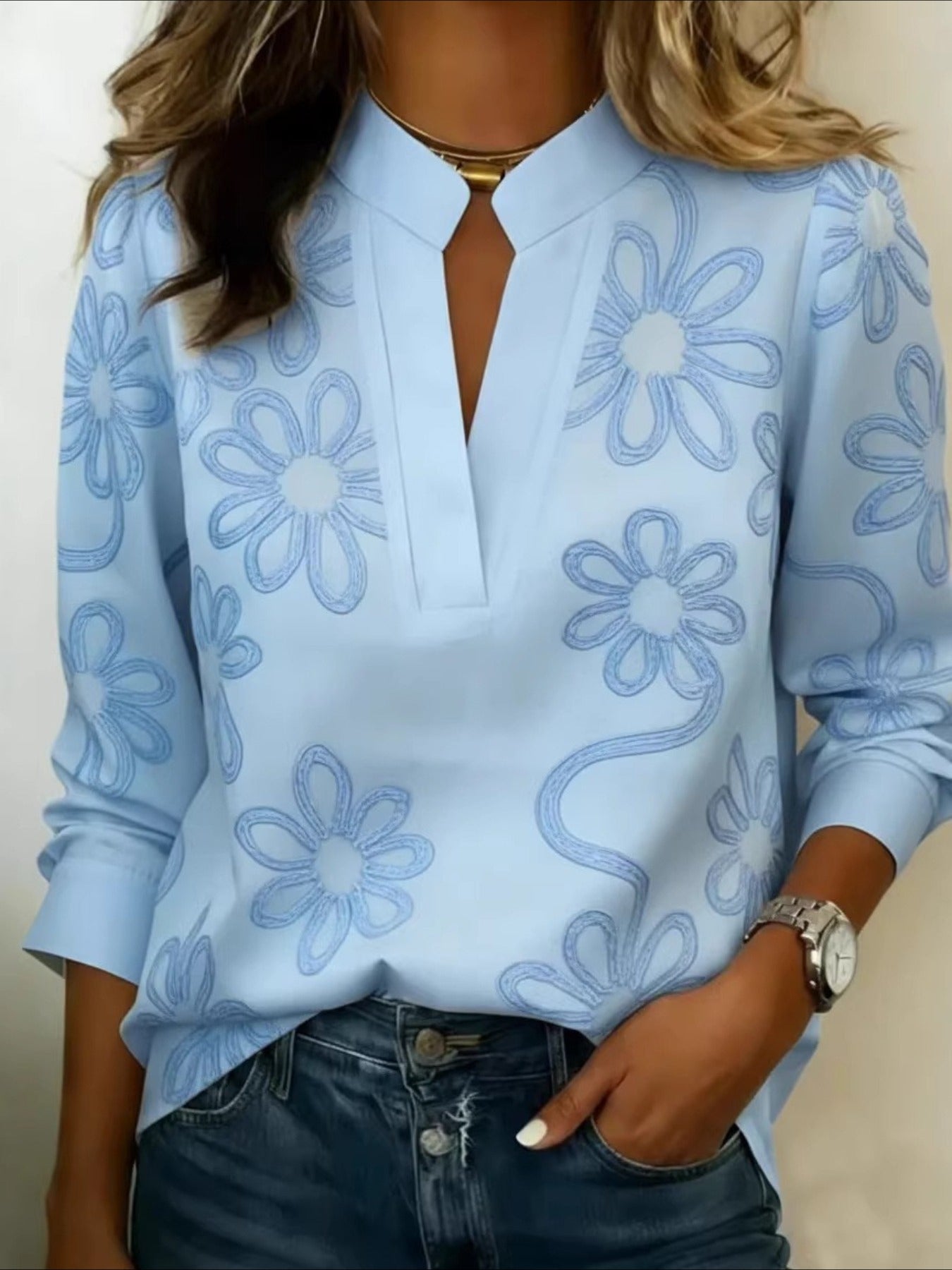Button-Down V-Neck Printed Long Sleeve Shirt