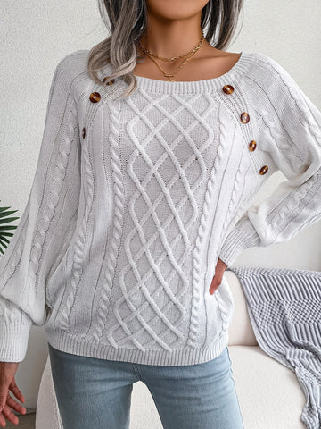 Cozy Women's Sweater with Textured Button Lantern Sleeves