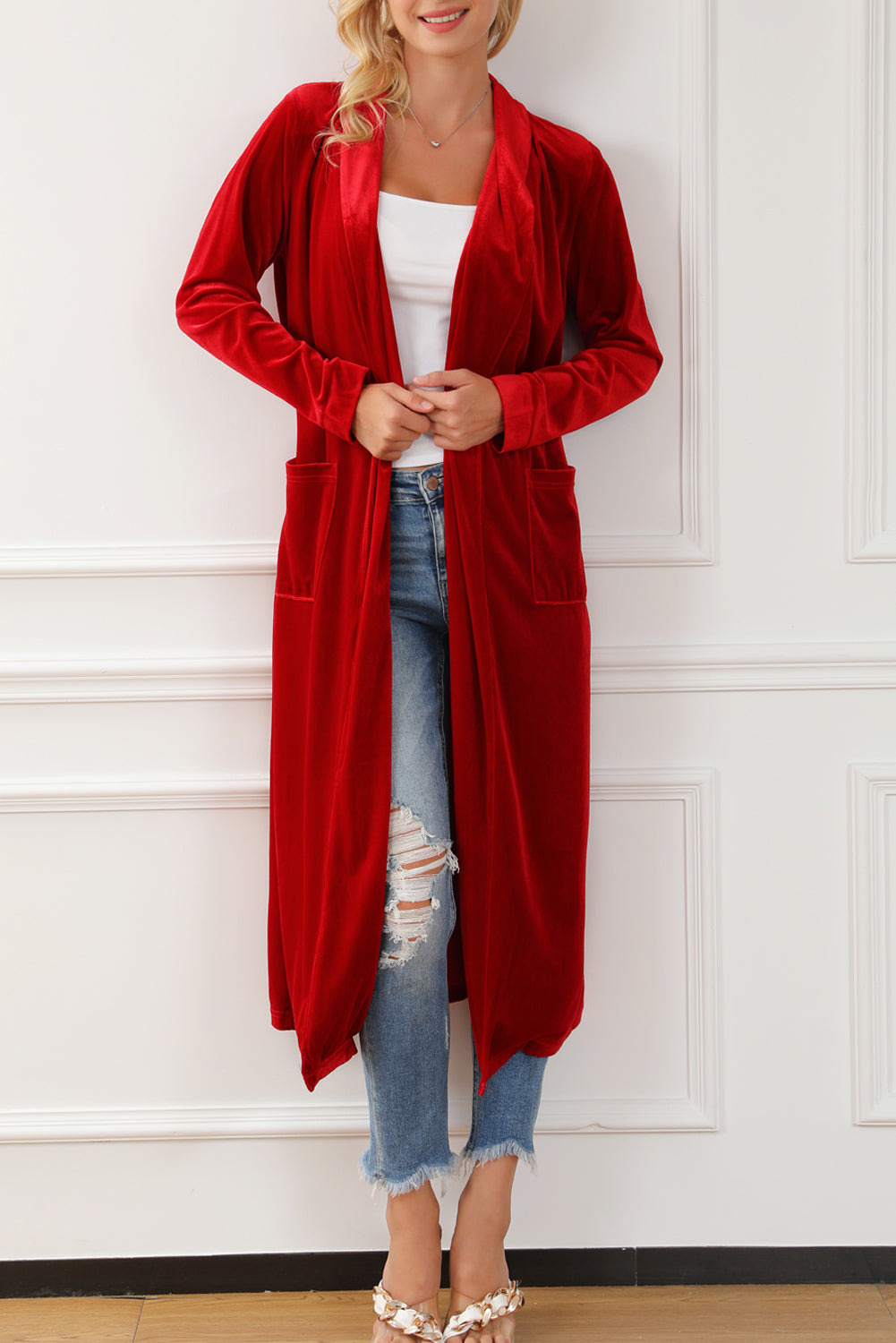Fiery Red Velvet Open Front Pocketed Long Duster