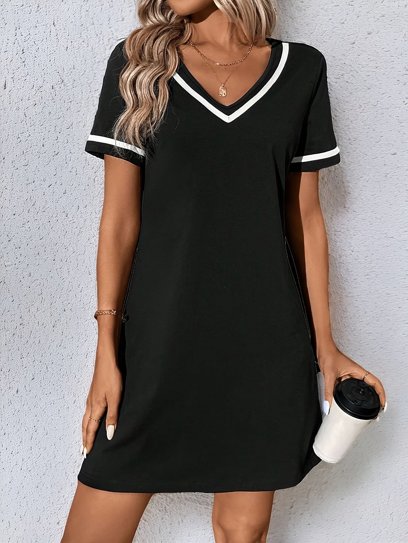 Women's Color Block Knit Dress - V-Neck, Braided Detail