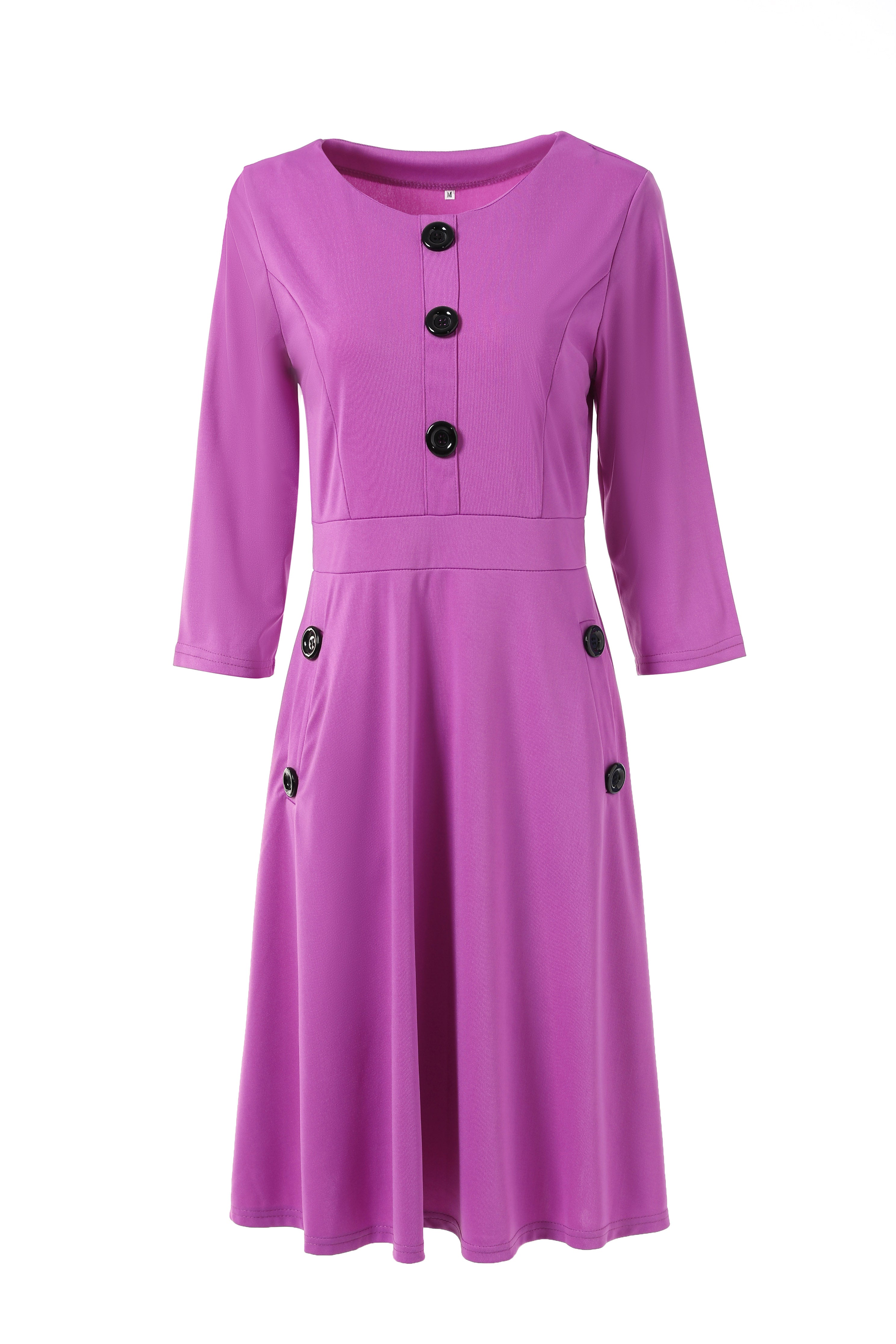 Solid Button Crew Neck Half Sleeve High Waist Dress, Elegant Ruffled Hem Slim Midi Dress