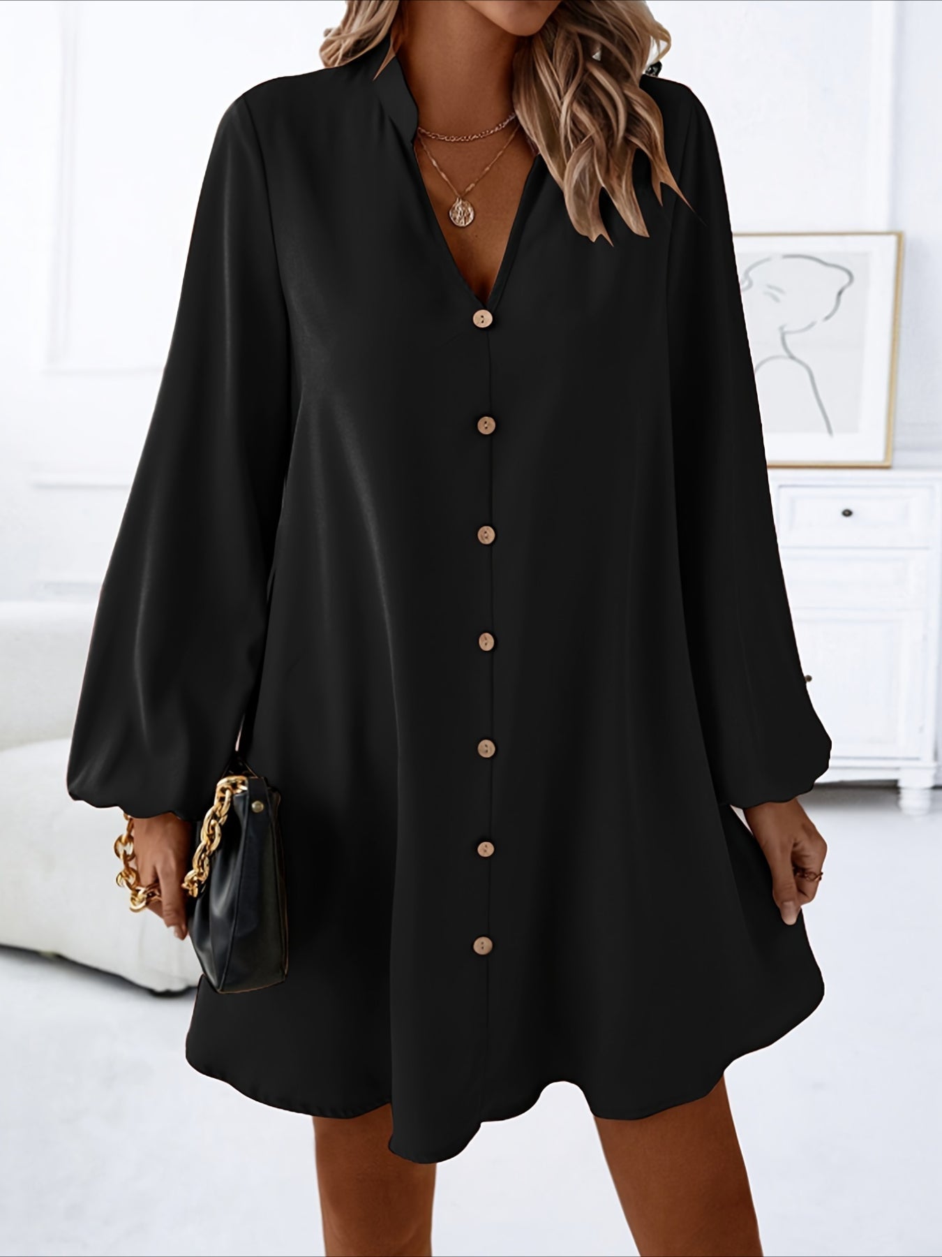 Solid Color V Neck Dress, Casual Long Sleeve Loose Fit Dress