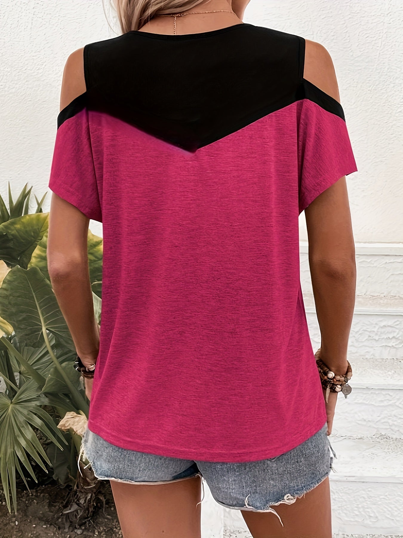 Color Block Cold Shoulder T-Shirt, Casual Short Sleeve T-Shirt