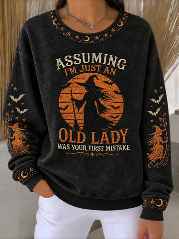 Old Lady Halloween Printed Crew Neck Long Sleeve Sweater Hoodie