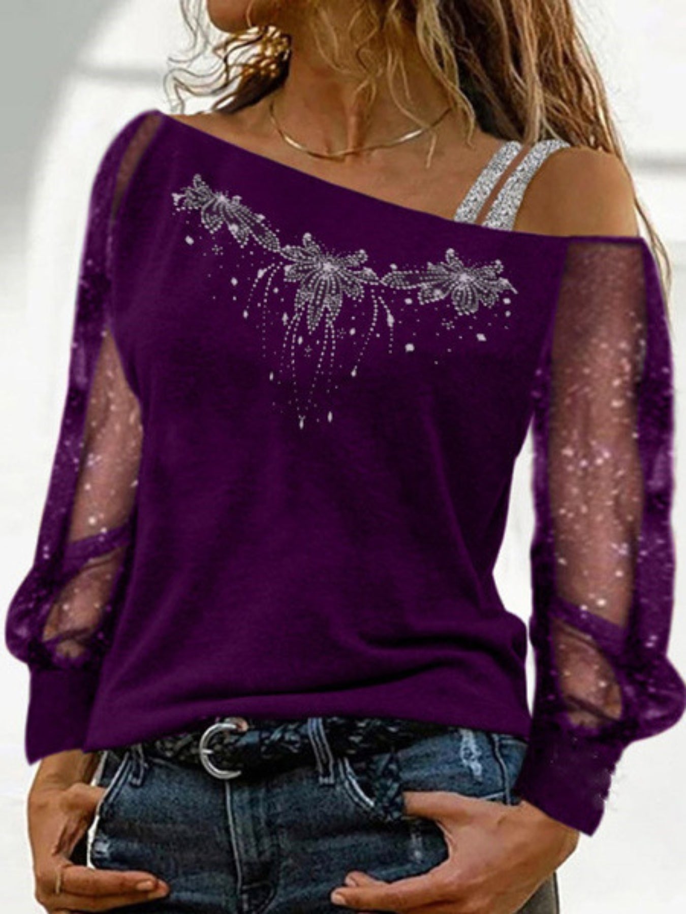Rhinestones Floral Asymmetrical T-Shirt, Casual Cold Shoulder Mesh Long Sleeve Top