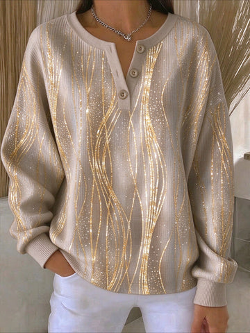 Stripe Buckle Henley Collar Sweatshirt