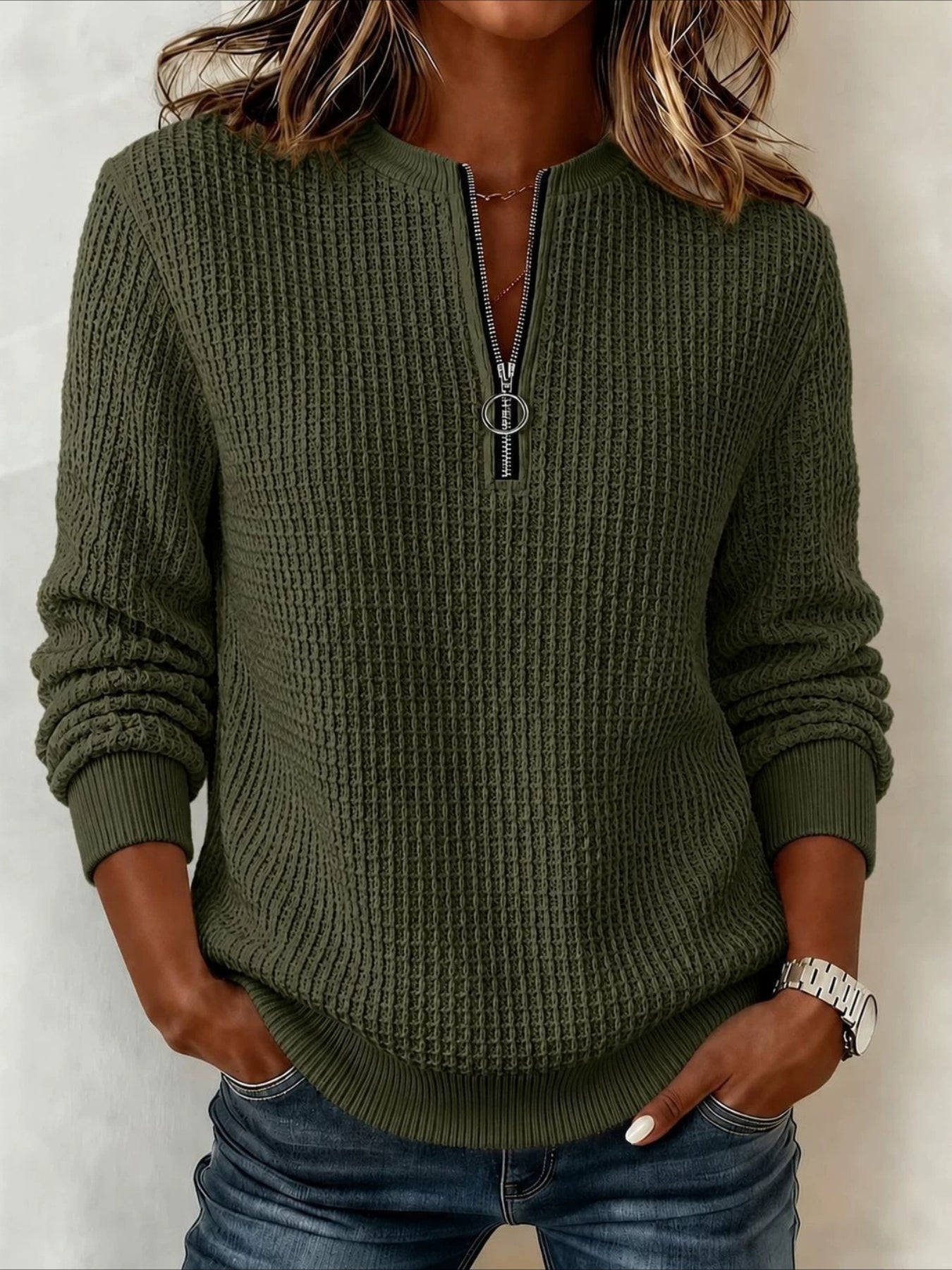 Half-open Zipper Waffle Long Sleeve Jumper Casual Knitted Sweater