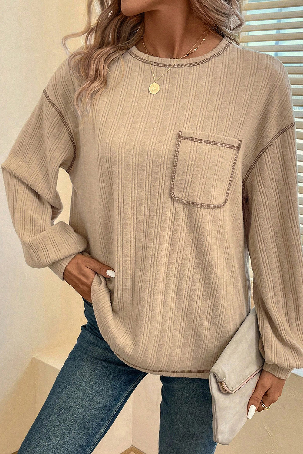 Pale Khaki Loose Exposed Stitching Textured Knit Top