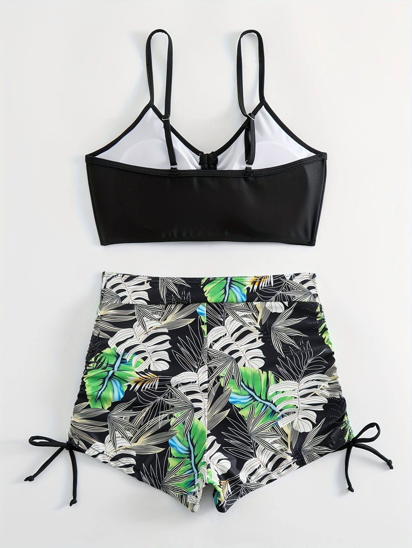 Tropical Leaf Print V Neck High Waist Bikini Sets, Drawstring Spaghetti Straps Boxer Short Bottoms Two Pieces Swimsuit