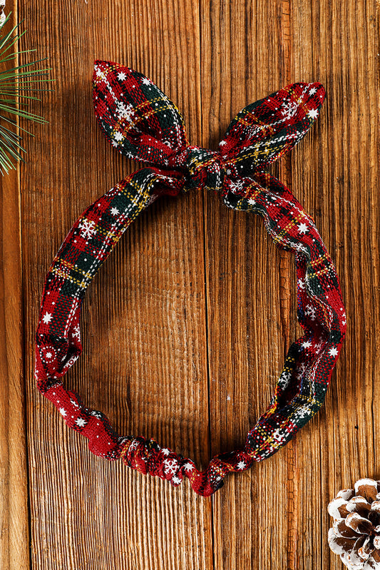 Burgundy Christmas Plaid Snowflake Print Bow Hair Tie
