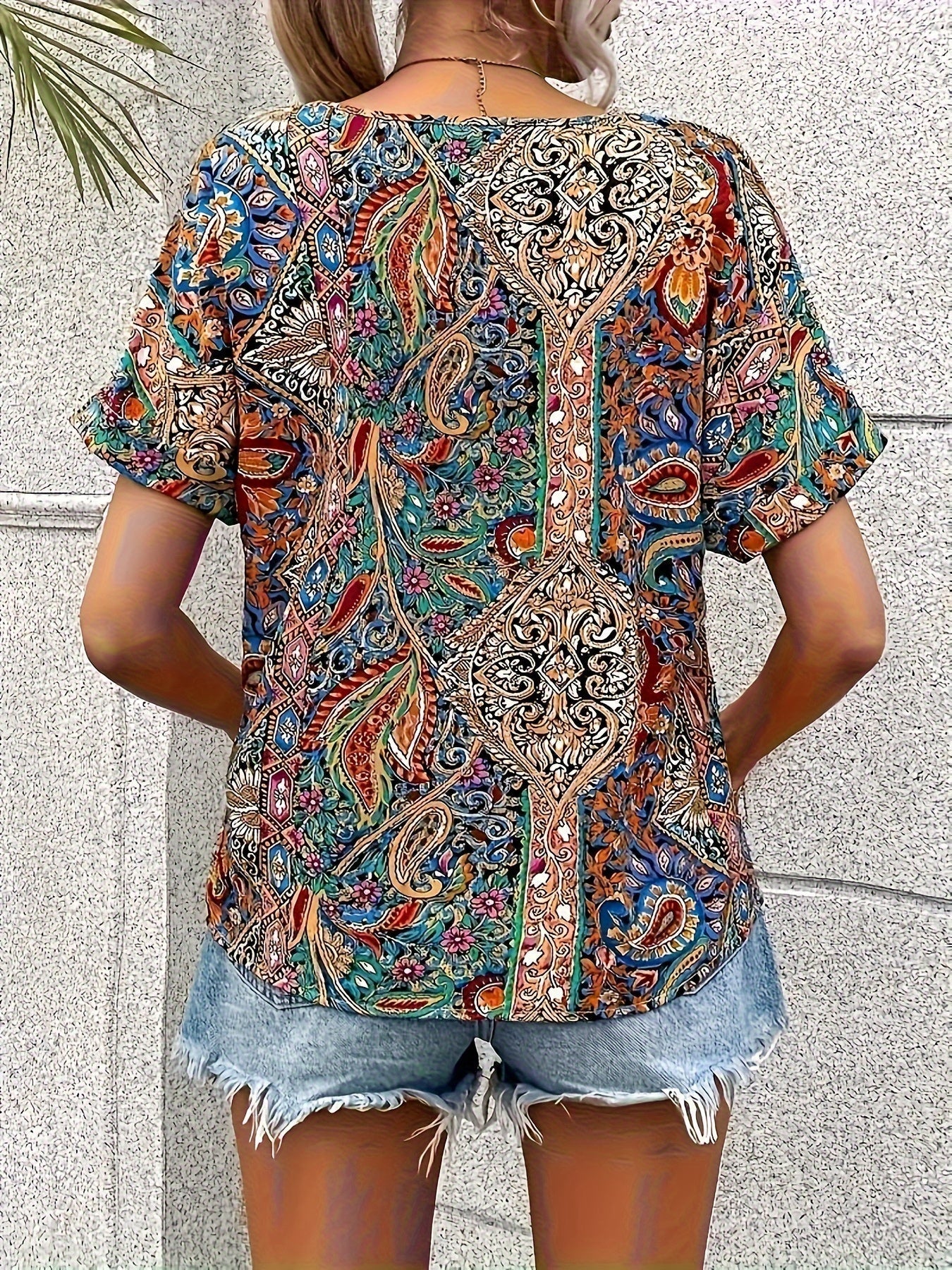 Paisley Print V Neck Blouse, Casual Short Sleeve Blouse