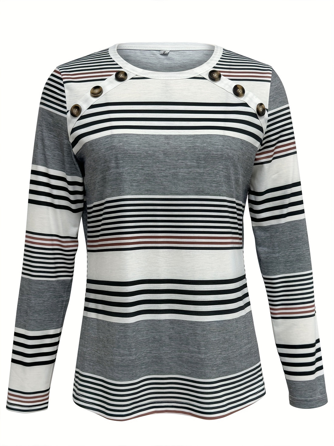 Striped Botton Crew Neck T-Shirt, Elegant Long Sleeve T-Shirt