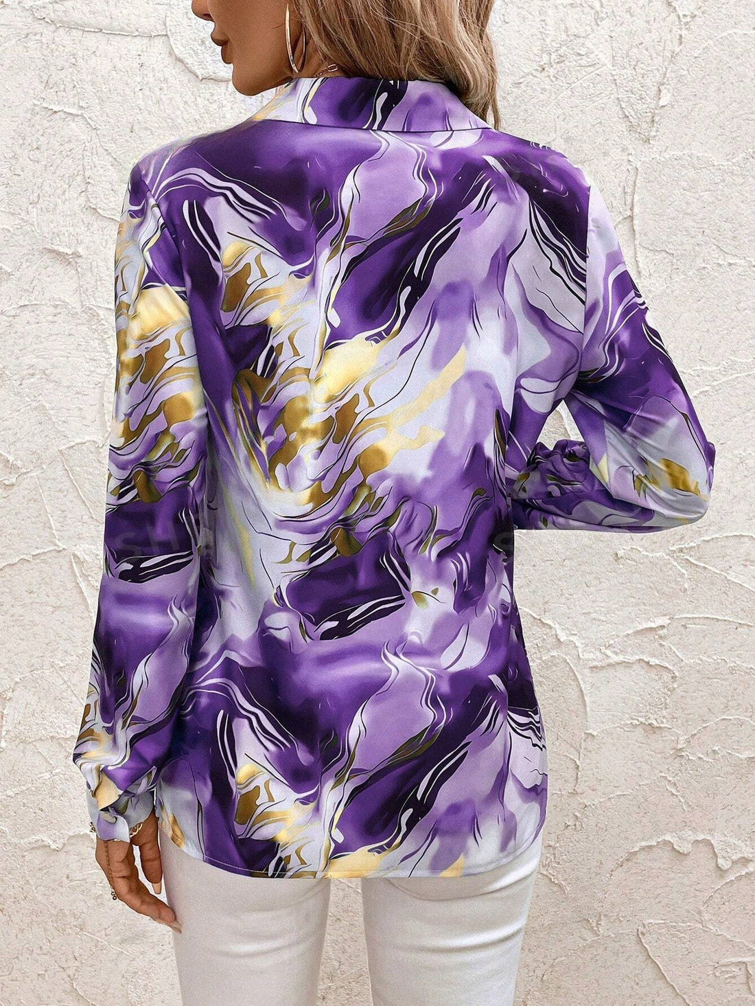 Women's Elegant Marble Print Long Sleeve Button Up Shirt - Chic Collared Design