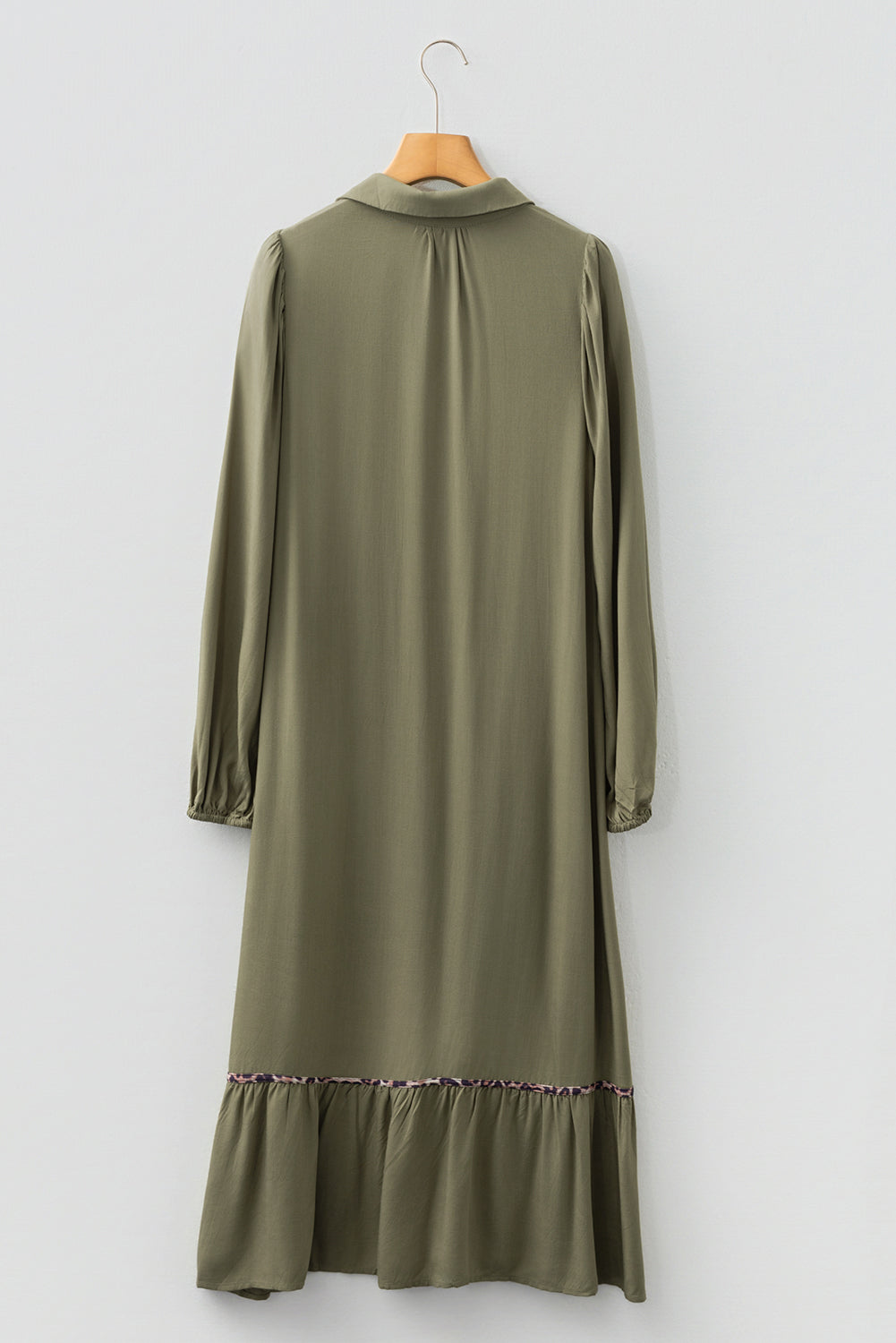 Four Leaf Clover Collared V Neck Smocked Detail Contrast Leopard Trim Bracelet Sleeve Long Dress