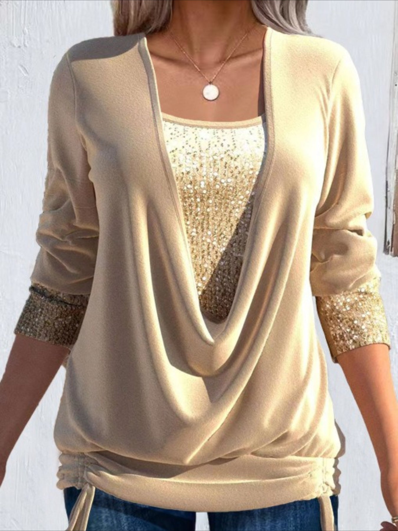 Fake Two-piece Vintage Plain U-Neck Long Sleeve T-shirt
