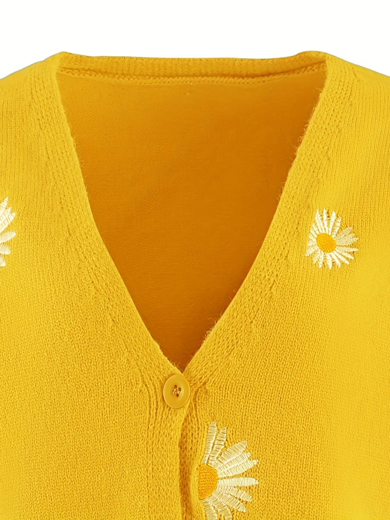 Daisy Pattern Embroidered Knitted Cardigan, Button Front Elegant Long Sleeve Sweater