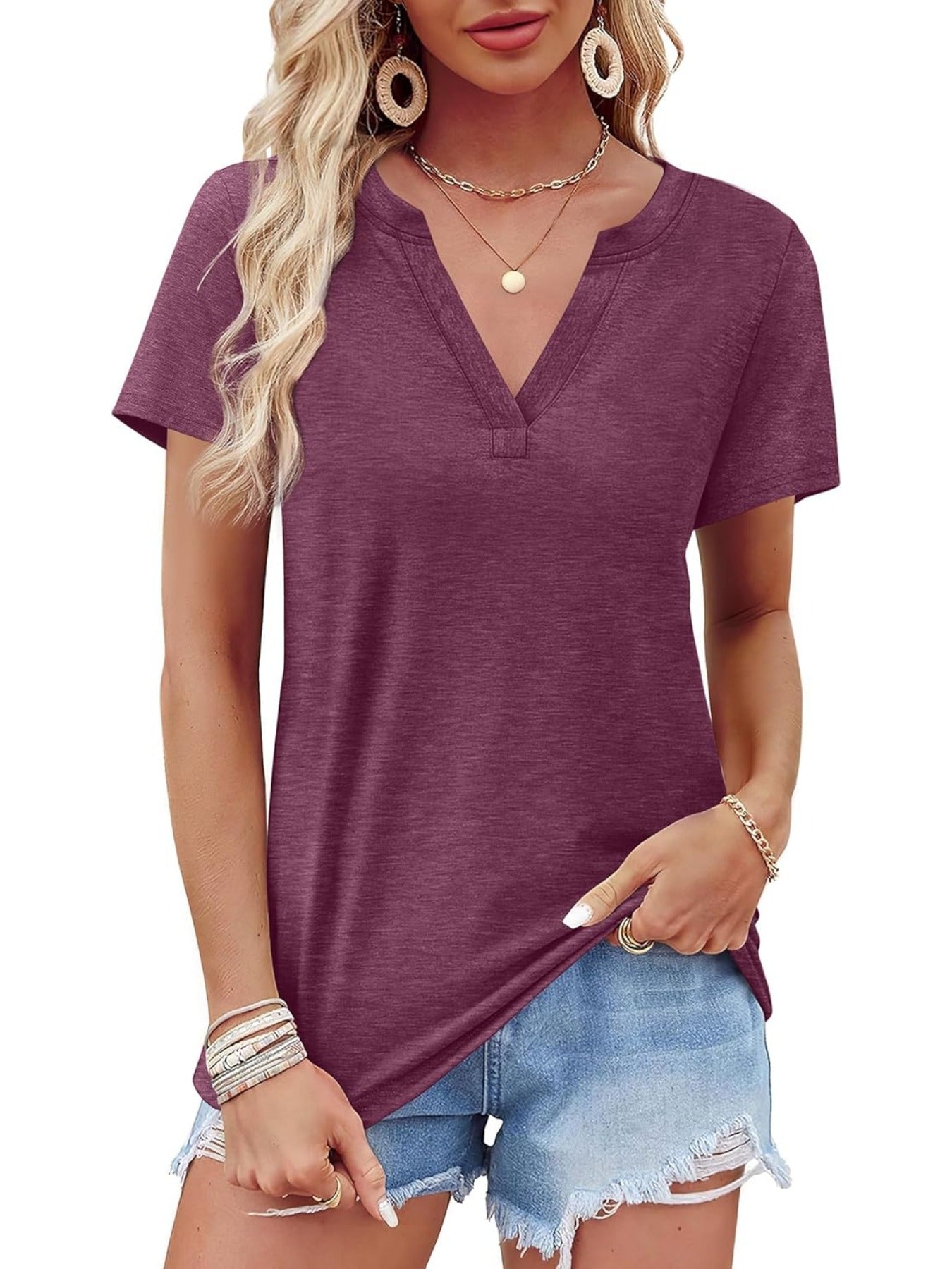 Solid Color Short Sleeve V Neck T Shirt