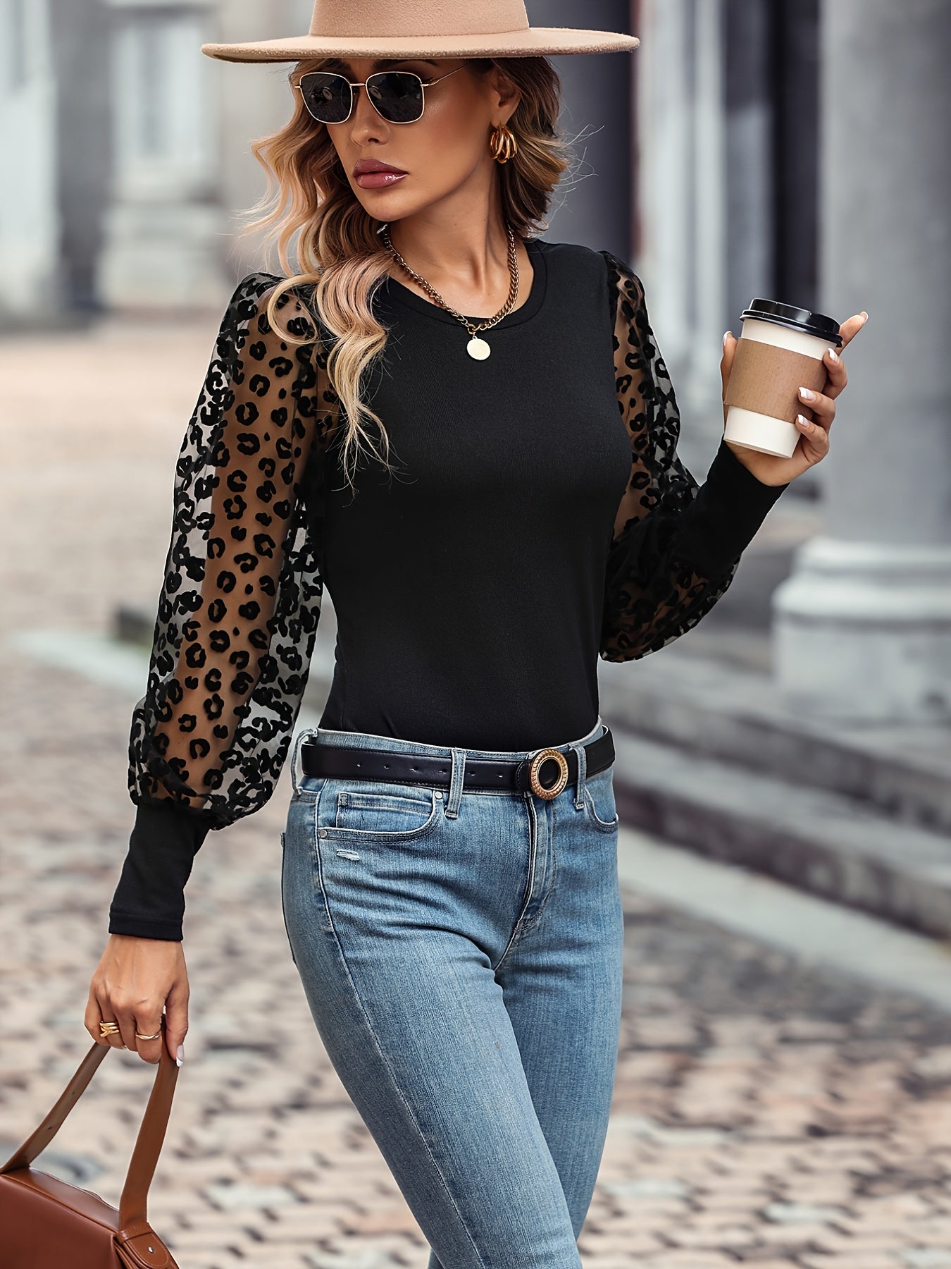 Solid Color Lace Patchwork Ballon Sleeve Ribbed Knit Tops, Elegant Everyday Blouse