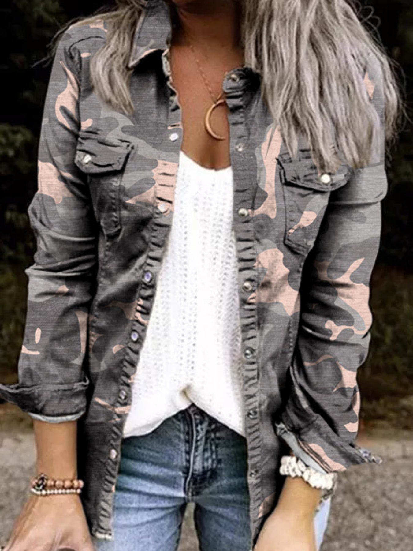 Stylish Denim Safari Top, Button Up Ruched Trim Long Sleeve Collared Shirt, Casual Light Jacket Tops