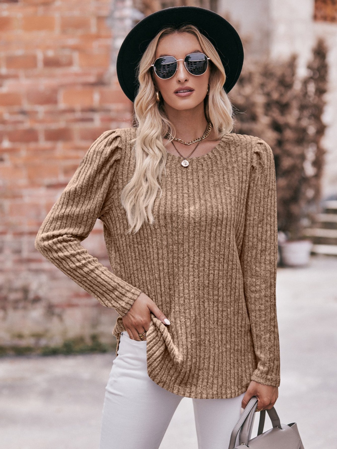 Ribbed Crew Neck T-Shirt, Casual Long Sleeve Top