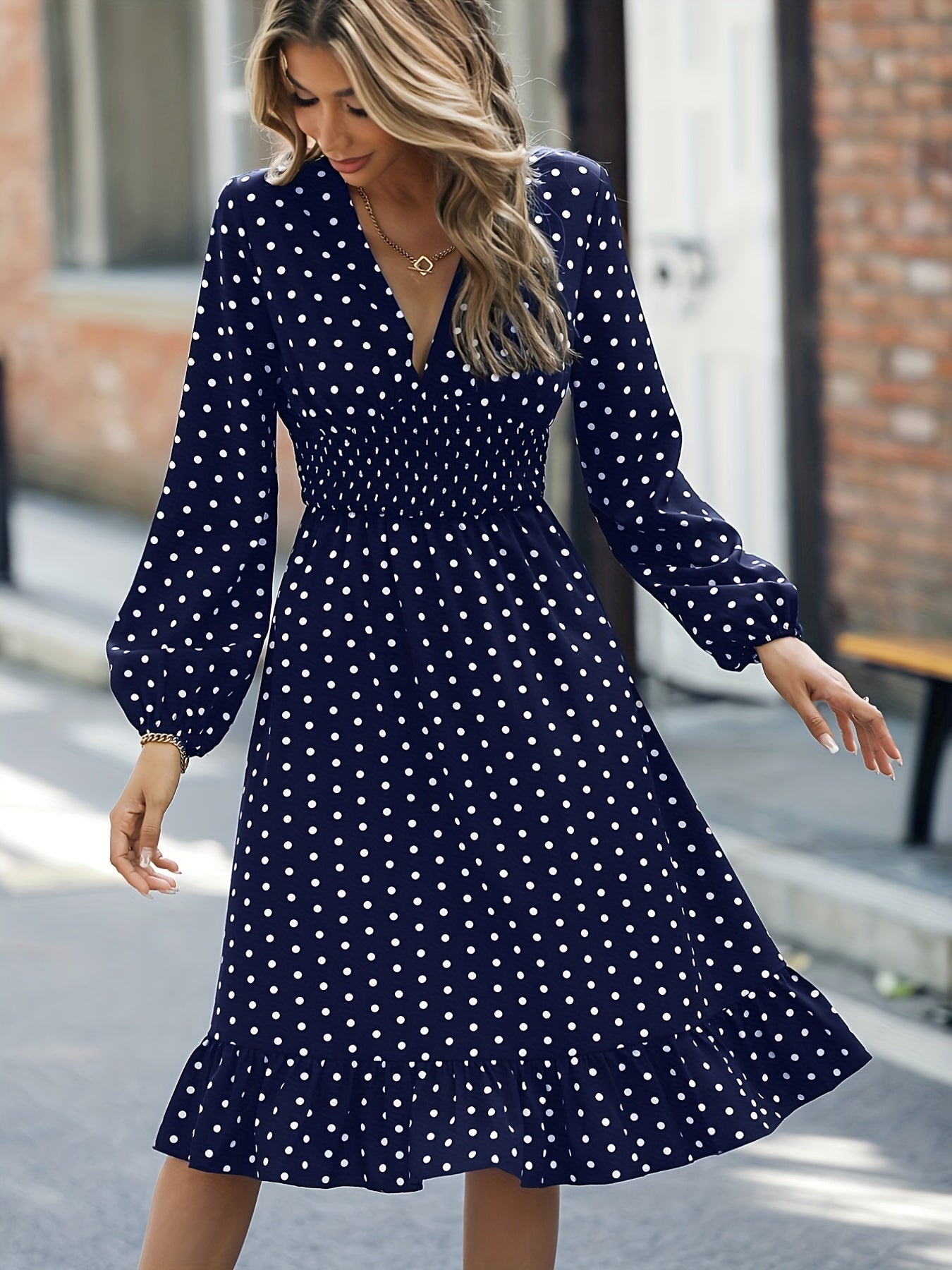 Retro V-neck Ruffle Dress, Polka Dot Print Long Sleeve Waist Loose Summer Dresses