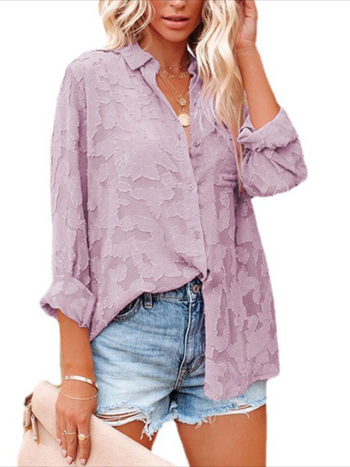 Jacquard Button Up Sheer Loose Blouse, Elegant Long Sleeve Blouse For Spring & Fall, Women's Clothing