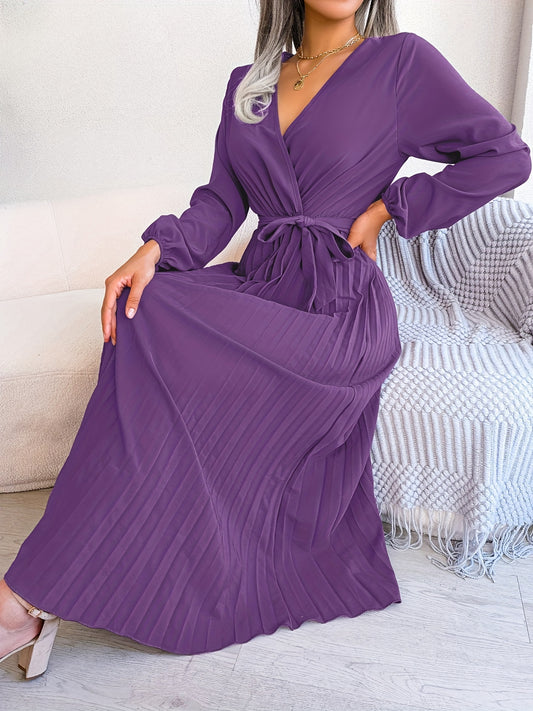 Pleated Surplice Neck Dress, Elegant Long Sleeve Solid Dress, Women's Clothing