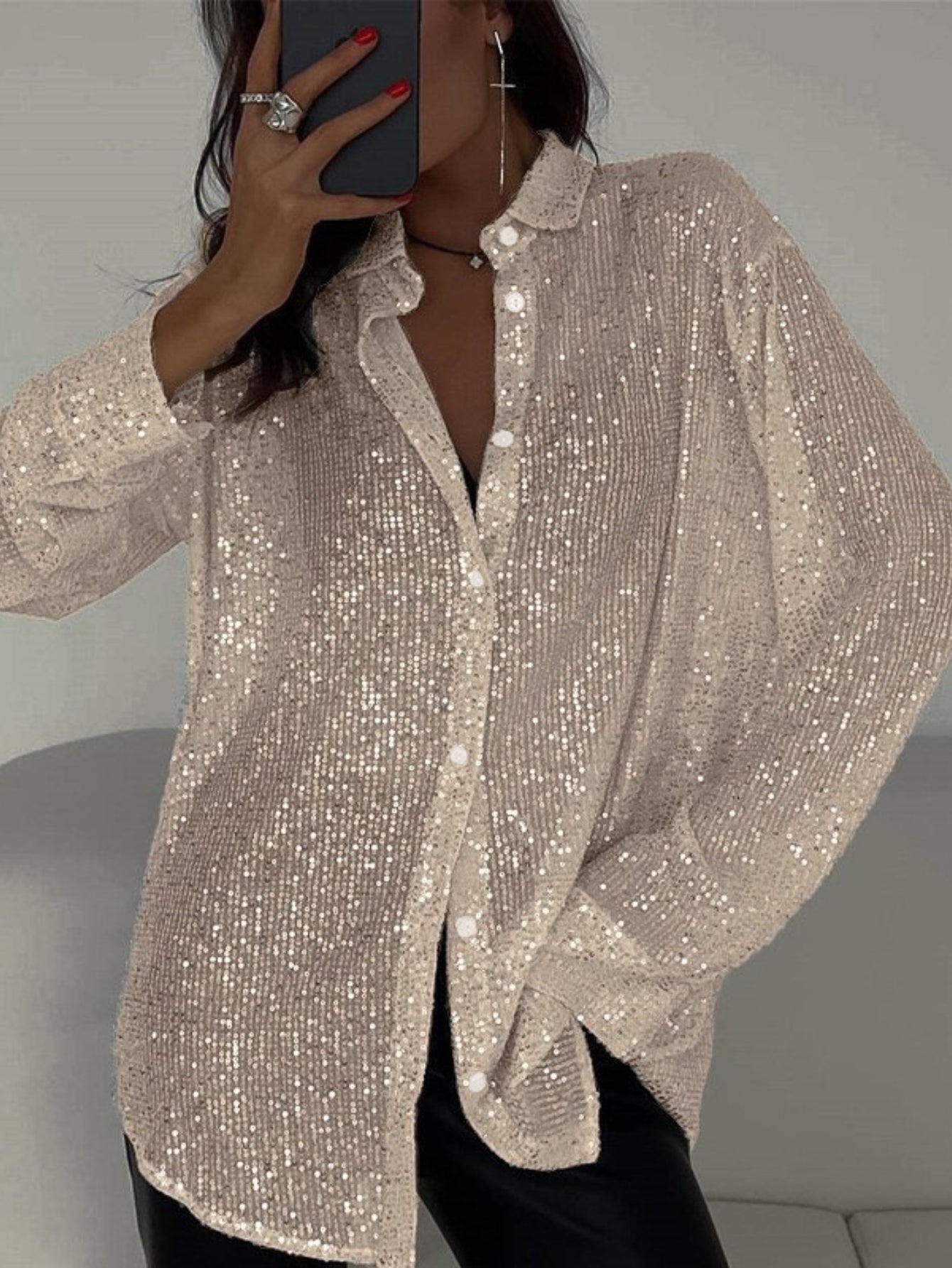 Womens Sequins Long Sleeve Collared Shirt Button Down Open Front Shirt Loose Tops