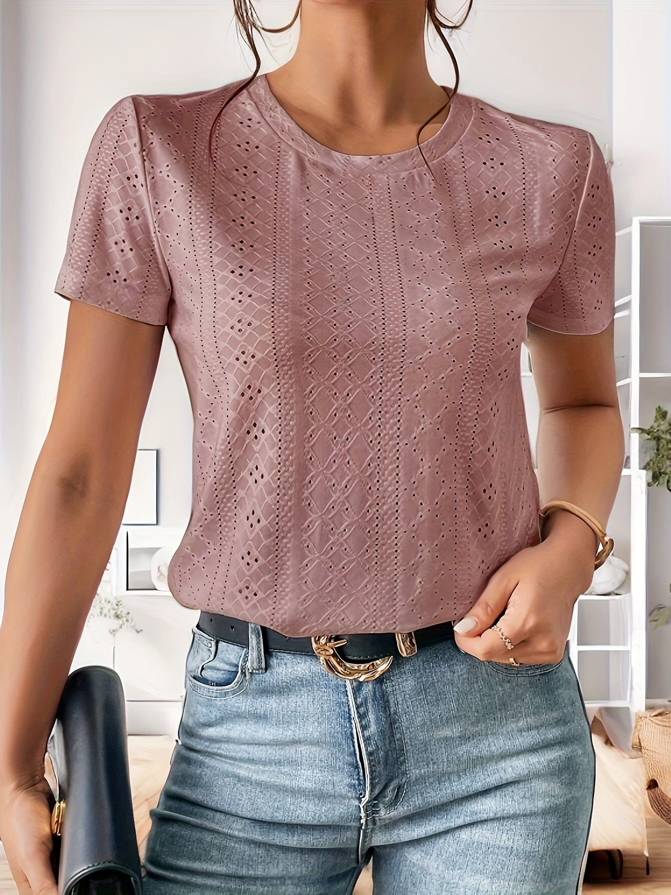 Eyelet Crew Neck T-Shirt, Casual Short Sleeve Top