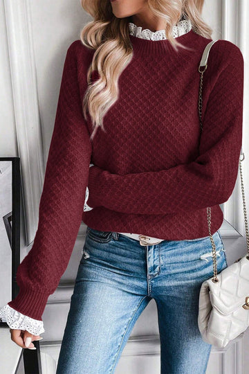 Burgundy Contrast Lace Frilled Trim Raglan Sleeve Sweater