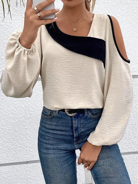 Color Block Cold Shoulder Blouse, Casual Long Sleeve Top