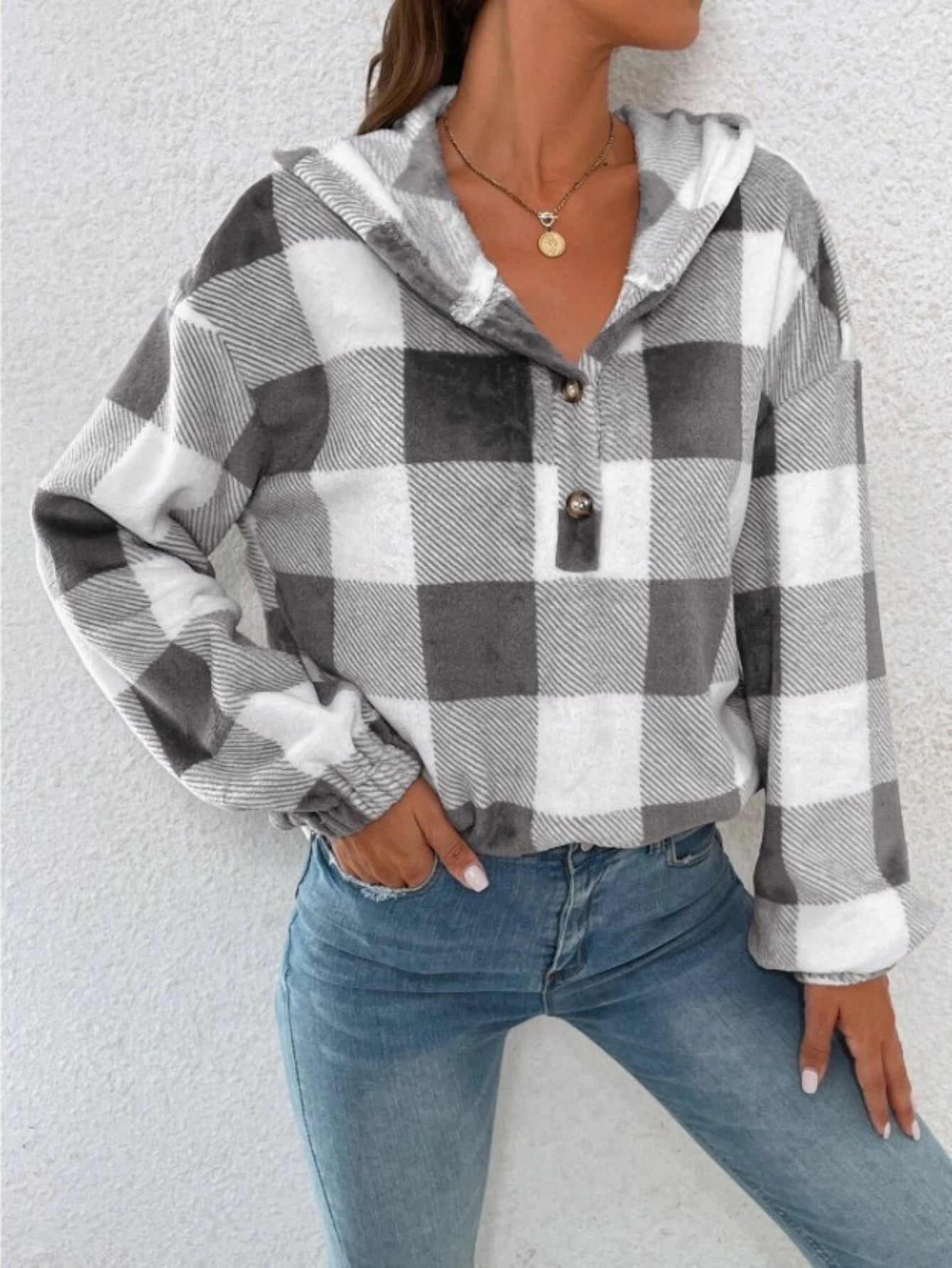 Plaid Print Simple Hoodies, Casual Drop Shoulder Long Sleeve Sweatshirt