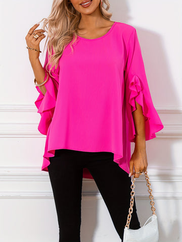 Women's Solid Crew Neck Blouse with Ruffle Sleeves for Stylish