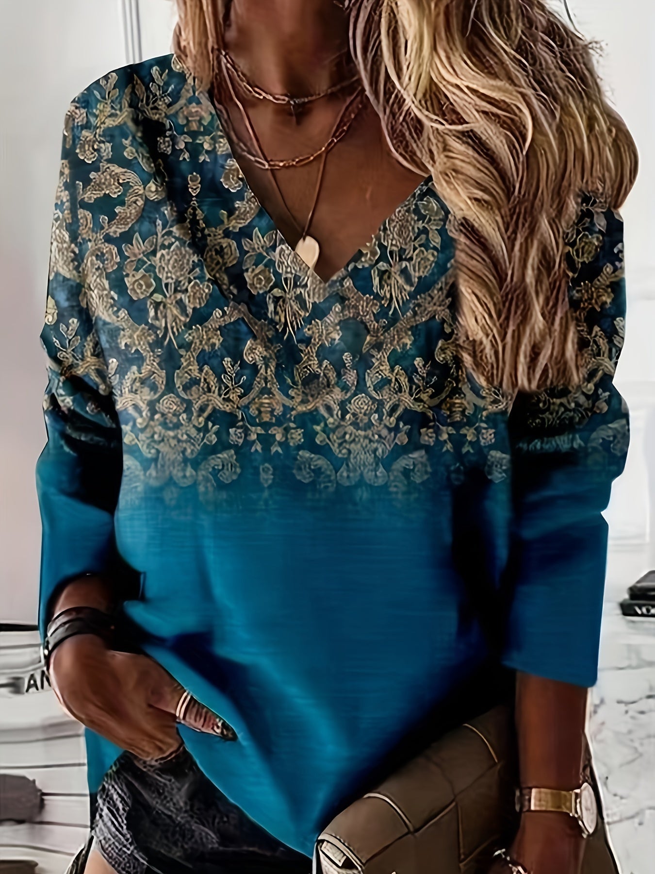 Floral Print Pullover Sweatshirt, Casual Long Sleeve V-neck Sweatshirt