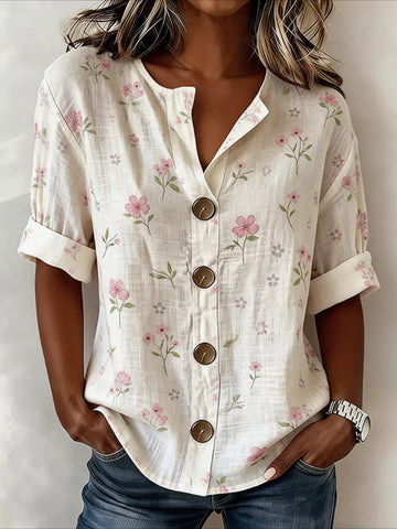 Floral Loose Stand Collar Simple Linen Blend Long Sleeve Shirt