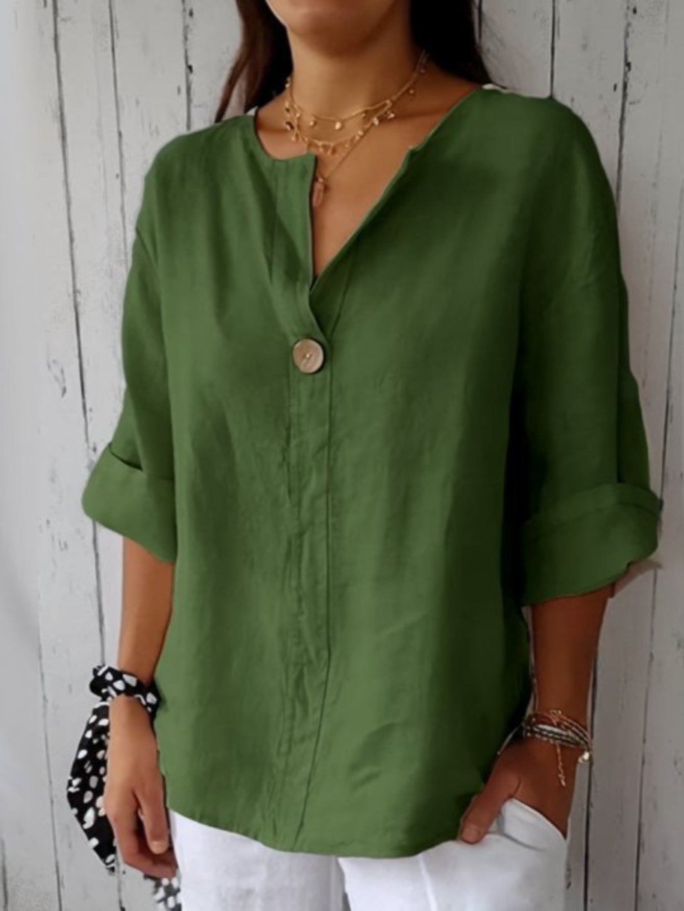 V Neck Three Quarter Sleeve Plain Buttoned Regular Loose Blouse