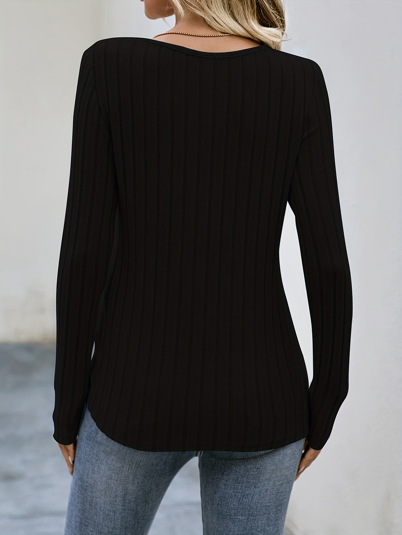 Ribbed Button Decor Crew Neck T-Shirt, Casual Long Sleeve Top