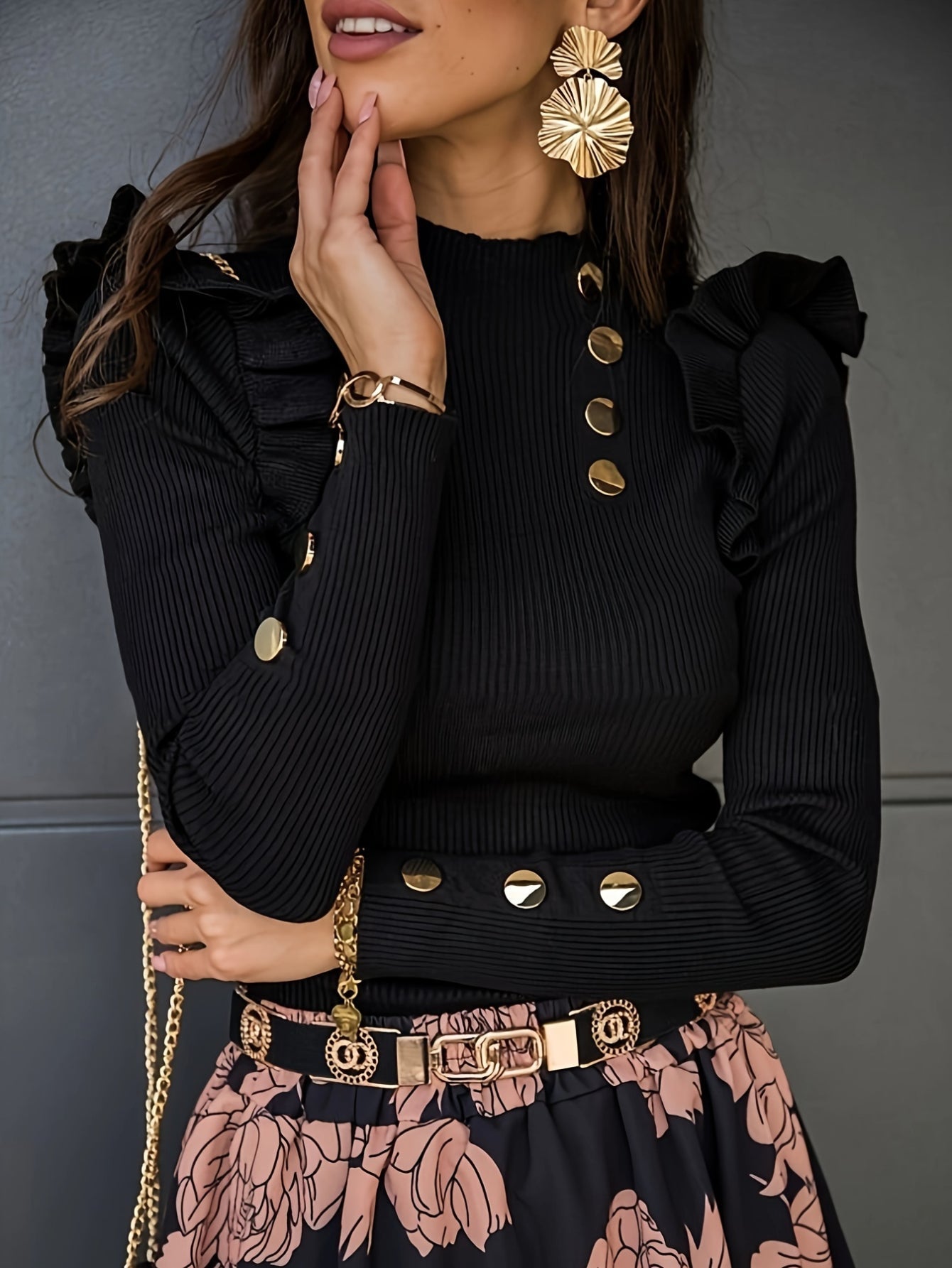 Solid Mock Neck Ruffle Trim Tee, Elegant Long Sleeve Slim T-shirt