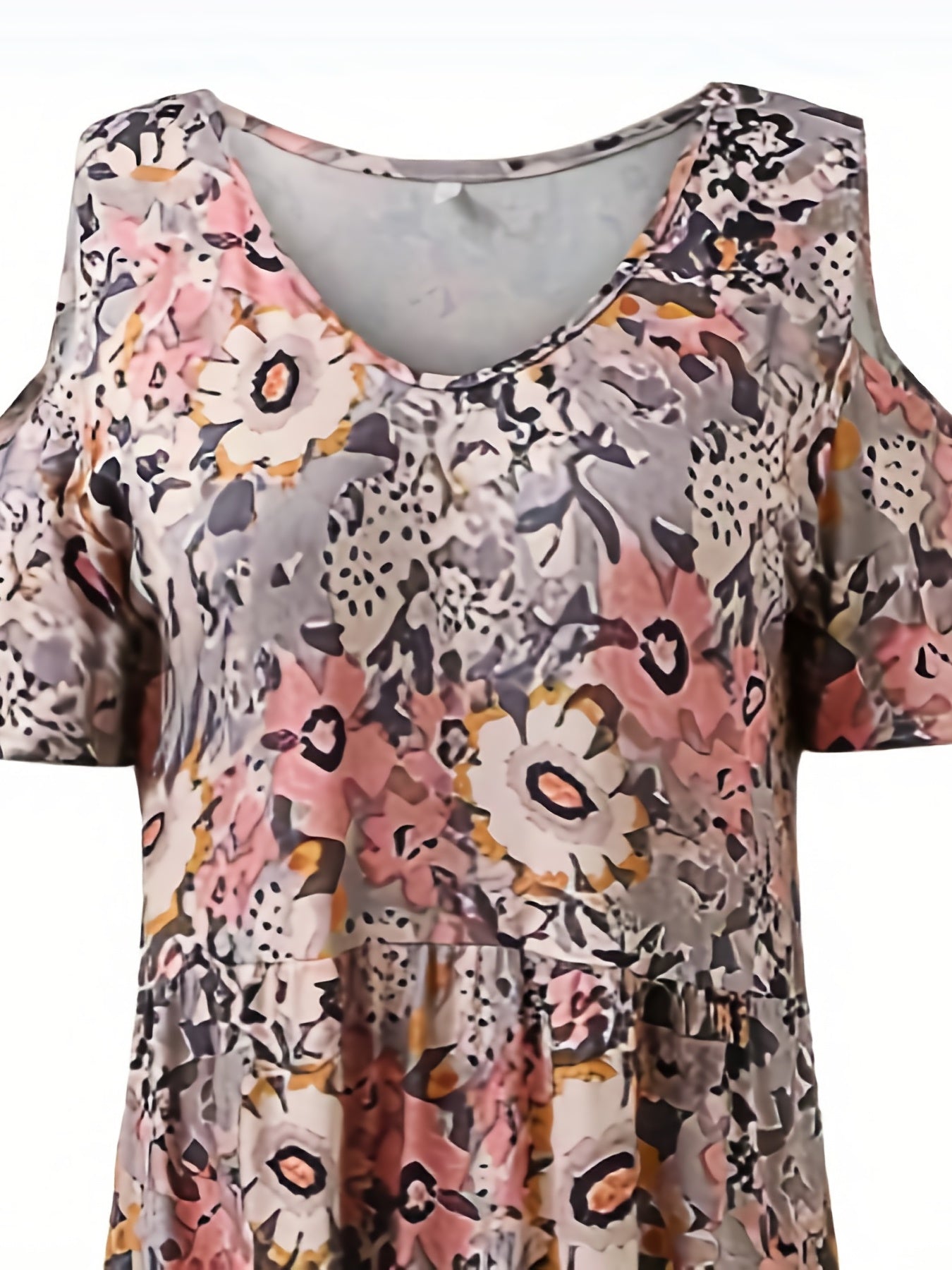 Floral Print Cold Shoulder Dress, Boho Casual V Neck Short Sleeve Ankle Dress