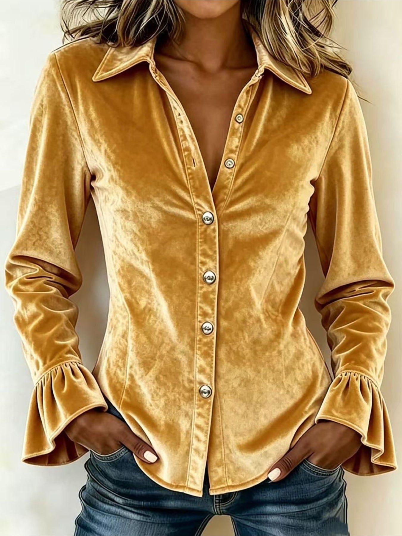 Collared Flare Sleeve Velvet Long Sleeve Shirt
