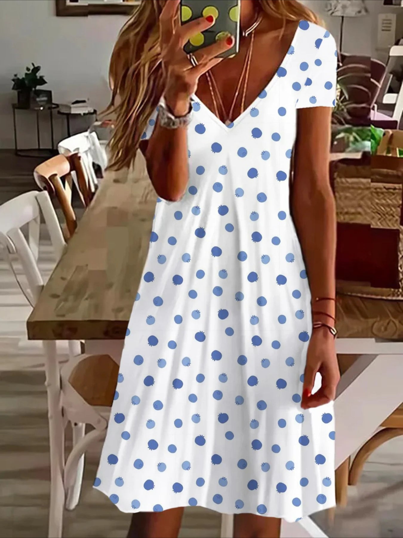 Loose V-neck Printed Short Sleeve Dress