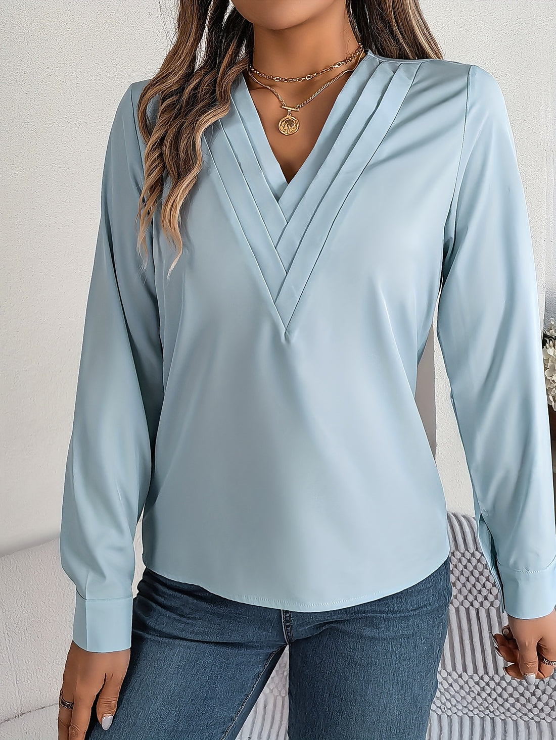 Solid Color V Neck Blouse, Elegant Long Sleeve Blouse