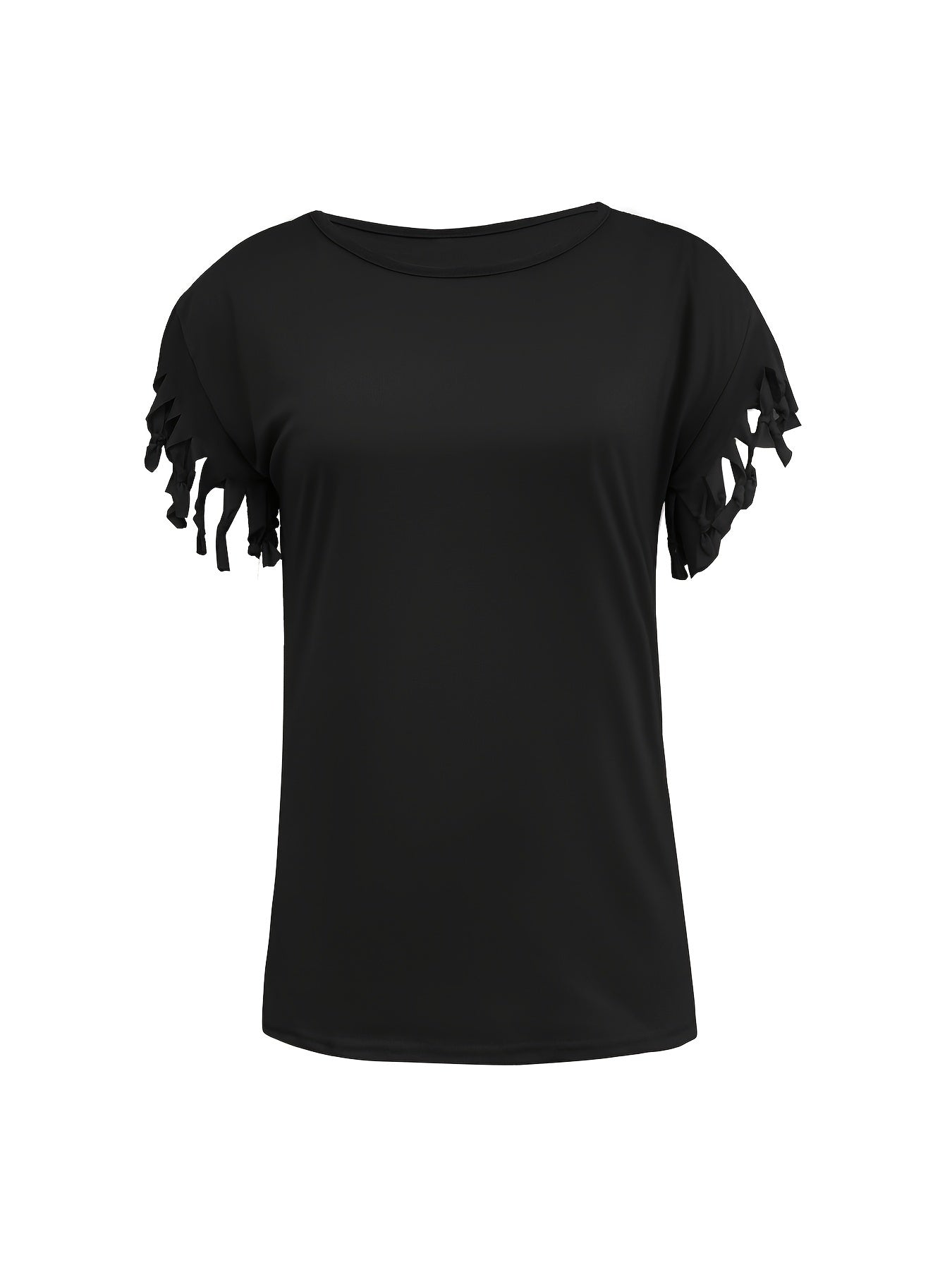 Fringe Hem Solid  T-Shirt, Crew Neck Short Sleeve T-Shirt