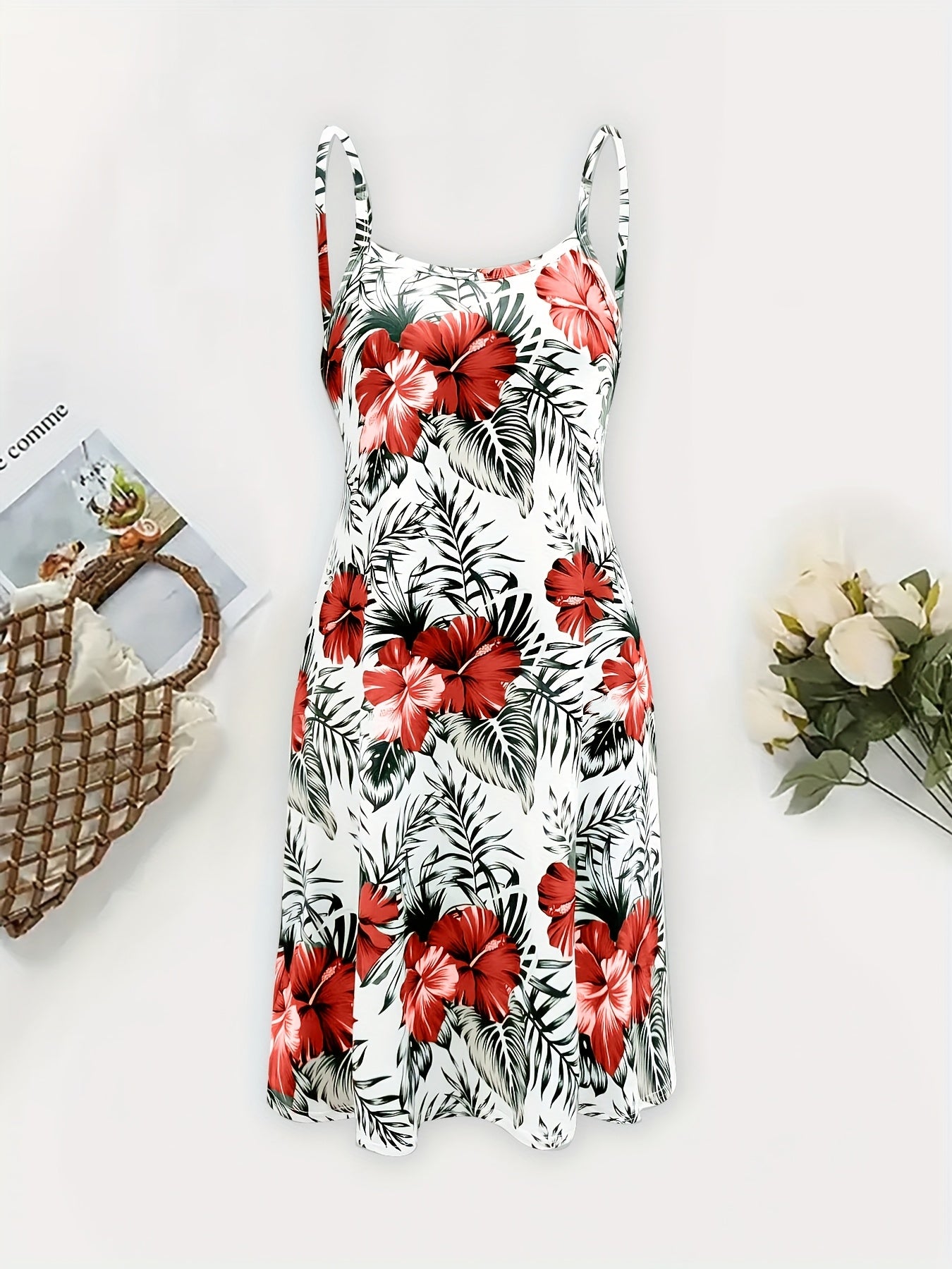 Tropical Leaf Print Sleeveless Dress