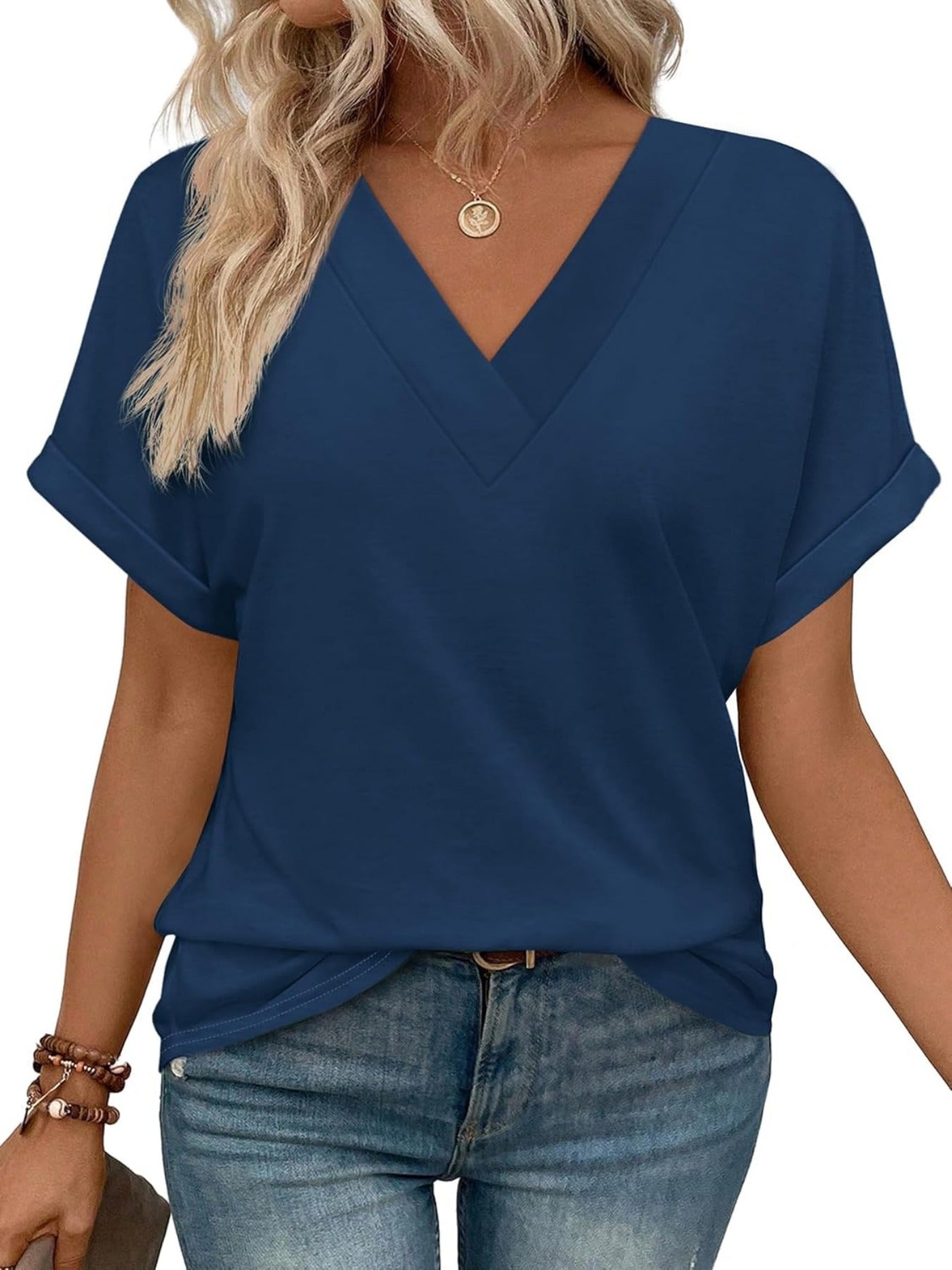 Solid Color V Neck Short Dolman Sleeve Shirts